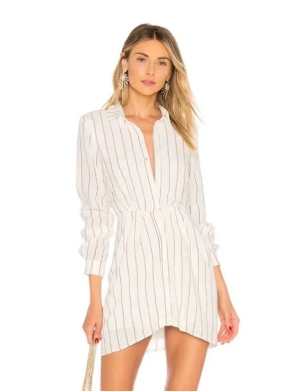 L’Academie White Pinstriped Button Up Mini Dress Long Sleeve Size Medium